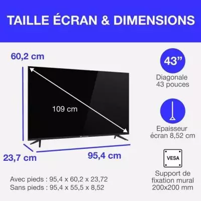 TV QLED - CONTINENTAL EDISON - CELED43SVQLD25B6 - 43'' (109 cm) - UHD 4K 3840x2160 - SMART VIDAA - 3xHDMI - 2xUSB