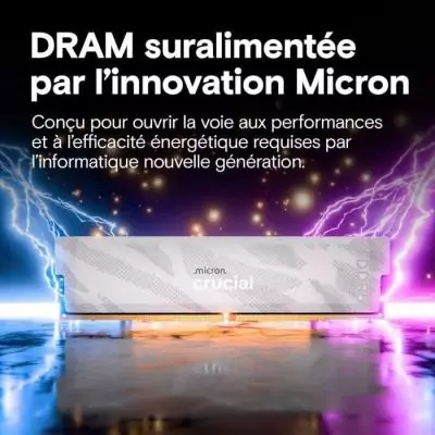 Mémoire gamer - CRUCIAL Pro OC - CP16G64C32U5W - 16 Go DDR5-6400 UDIMM - CL32 avec dissipateur thermique - Blanc Mémoire gamer - CRUCIAL Pro OC - CP16G64C32U5W - 16 Go DDR5-6400 UDIMM - CL32 avec dissipateur thermique - Blanc