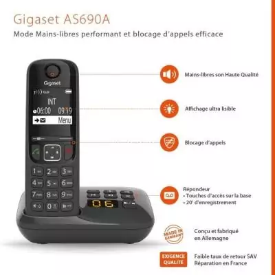 Pack de Téléphones Fixes Gigaset AS690 A Quattro Noir - Qualité Sonore Exceptionnelle