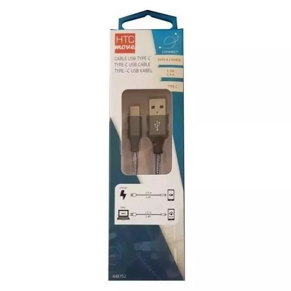 Câble tressé HTC USBA- vers USB-C 2,4A- Charge rapide et transfert de données- Longueur 1,5m