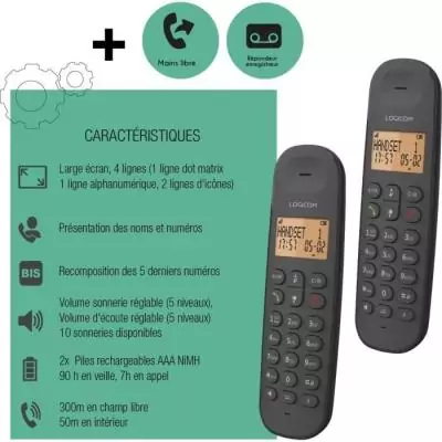 Téléphone fixe sans fil - LOGICOM - DECT ILOA 255T DUO - Noir - Avec répondeur Téléphone fixe sans fil - LOGICOM - DECT ILOA 255T DUO - Noir - Avec répondeur