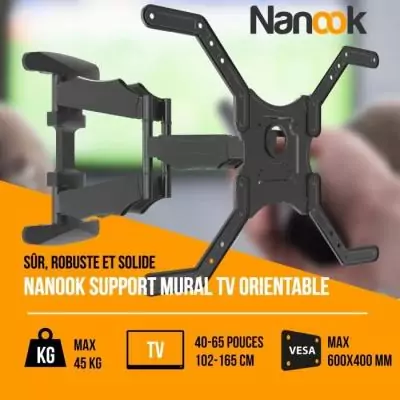 NANOOK Support Mural orientable pour téléviseurs 40-65 Pouces - Inclinable - Support Mural pour téléviseurs LCD, LED, QLED e NANOOK Support Mural orientable pour téléviseurs 40-65 Pouces - Inclinable - Support Mural pour téléviseurs LCD, LED, QLED e