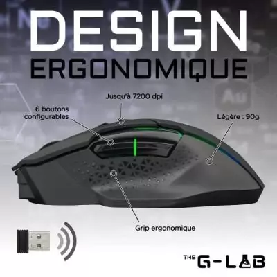 Souris Gaming Sans fil Ultra Réactive - The G-Lab KULT CEASIUM - Noir