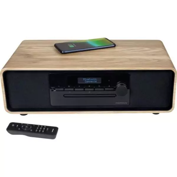 Micro-chaîne Bluetooth - THOMSON - Bois/Noir - Radio FM/DAB+/CD/MP3/USB/Induction, 60W, Affichage LCD, Télécommande, Alim. 23