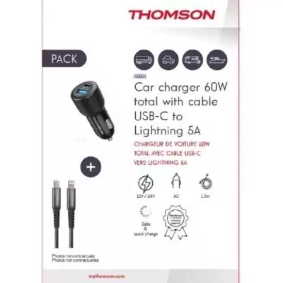 Pack chargeur voiture + câble Thomson - Chargeur voiture 12/24V 60W + Câble C vers L 5A - Performances maximales