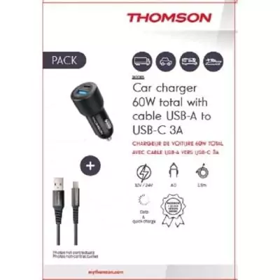 Pack THOMSON 2 en 1 avec chargeur de voiture 60 W et câble USB-A / USB-C 3A de charge et données de 1,50m Pack THOMSON 2 en 1 avec chargeur de voiture 60 W et câble USB-A / USB-C 3A de charge et données de 1,50m