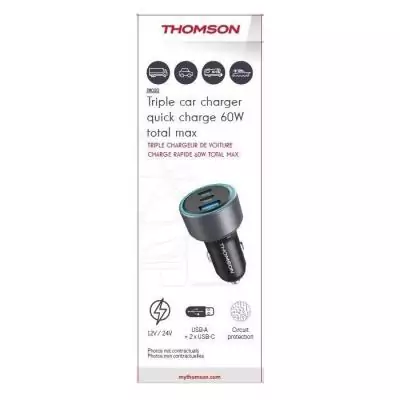 Chargeur voiture Thomson 12/24V 60W 2x USB-C + USB-A: PD 30W + QC 3.0 18W - Protection contre surtensions et courts-circuits