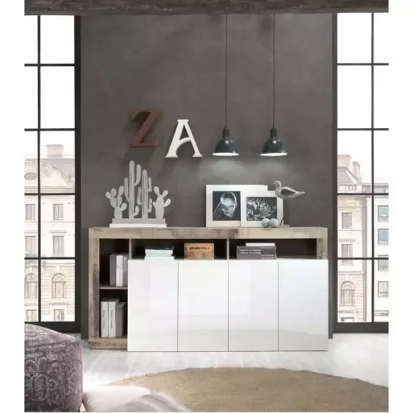 Buffet MAESTRO - Panneaux de particules - Effet Bois Vintage et blanc Laqué - 4 portes - L 184 x P 42 x H 93 cm
