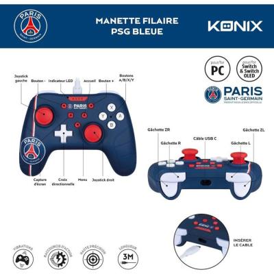 Manette de jeu - Nintendo Switch, Switch 2 et PC - PSG - Filaire - Bleu, blanc et rouge - Fonction vibration - Câble 3 m - Koni
