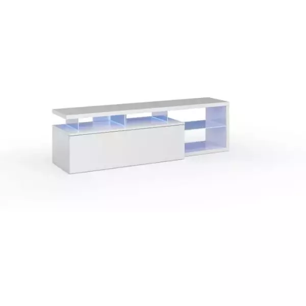 Meuble TV réversible BLUE-TECH - Mélaminé blanc laqué - 1 Porte abattante - LED - Blanc brillant - L150 x P41 x H43 cm