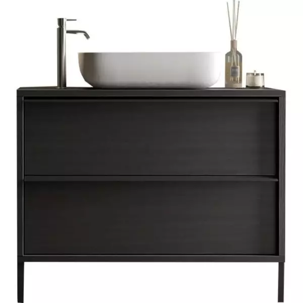 STEEL - Ensemble Meuble salle de bain sur pieds L 92cm + vasque + 2 Tiroirs - Coloris Chene noir brulé