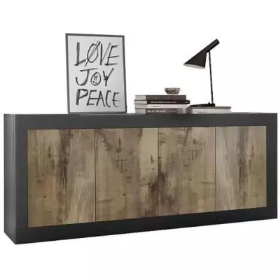 Buffet BASICO - Style Chic - 4 Portes - Noir mat et Chene - Dimensions L207xP43xH86 Buffet BASICO - Style Chic - 4 Portes - Noir mat et Chene - Dimensions L207xP43xH86