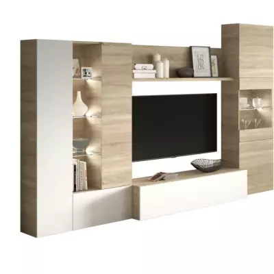 Meuble TV LED classique blanc brillant et chene - L 260 cm