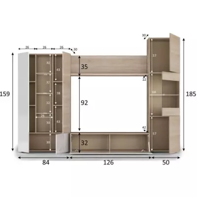 Meuble TV LED classique blanc brillant et chene - L 260 cm