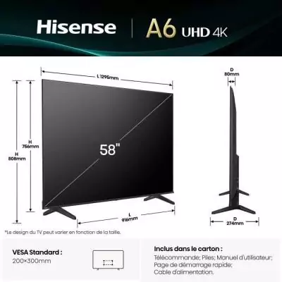 Hisense 58A6Q - TV LED 58 (146 cm) - 4K UHD 3840x2160 - HDR10+ - TV connecté - 4xHDMI 2.1 - WiFi