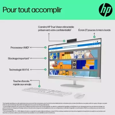 PC Tout-en-un HP 27-cr0074nf - Windows 11 - 27 FHD IPS - Ryzen 7 7730U - RAM 16Go - Stockage 512Go SSD - Clavier et souris sans