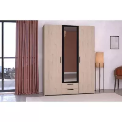 Armoire VARIA - Chene et noir - 3 portes + 2 tiroirs - L150 x H200 cm