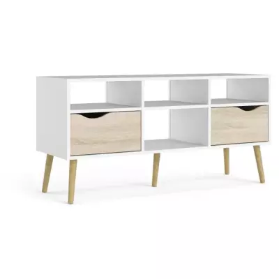Meuble TV 4 niches 2 tiroirs - Blanc / Chene - Design Responsable
