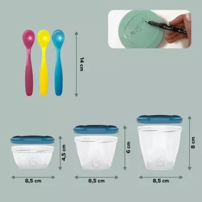 Kit BABYMOOV Babybols XXL : 12 pots de conservation + 3 cuillères • Plus responsable - Made in France Kit BABYMOOV Babybols XXL : 12 pots de conservation + 3 cuillères • Plus responsable - Made in France