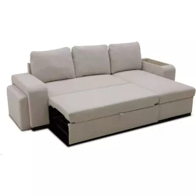 Canapé d'angle convertible VALDO 3-4 places - Beige - Tablette USB - Coffre + Pouf