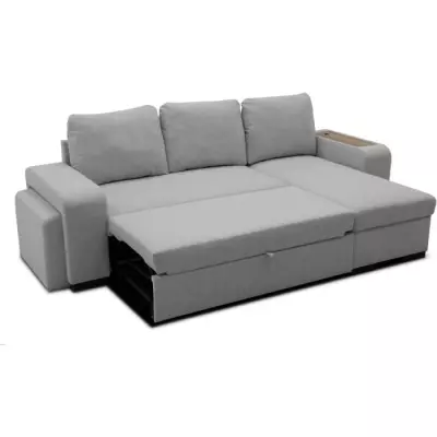 Canapé d'angle convertible VALDO 3-4 places - Tissu Souris - USB - Coffre + Pouf