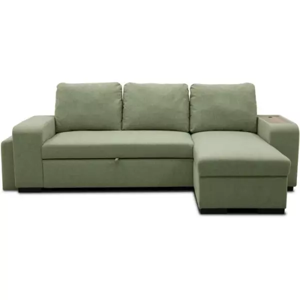 Canapé d'angle convertible réversible VALDO 3 a 4 places - Tissu Neve Sauge - Tablette avec USB - Coffre + Pouf - L247xP143xH8