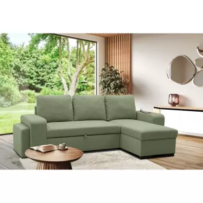 Canapé d'angle réversible VALDO 3-4 places - Tissu Neve Sauge - USB - Coffre + Pouf Canapé d'angle réversible VALDO 3-4 places - Tissu Neve Sauge - USB - Coffre + Pouf