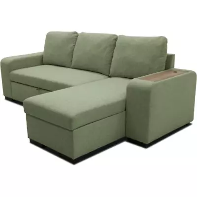 Canapé d'angle réversible VALDO 3-4 places - Tissu Neve Sauge - USB - Coffre + Pouf Canapé d'angle réversible VALDO 3-4 places - Tissu Neve Sauge - USB - Coffre + Pouf