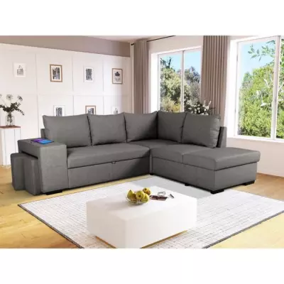 Canapé d'angle convertible réversible 4 places MITCHELL - Tissu Anthracite - Design éco-responsable