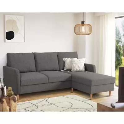Canapé d'angle fixe 3 places CHIPY - Tissu anthracite - Design réversible