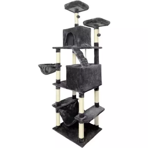 TAYLOR Arbre a chat - 60 x 50 x 206 cm - Gris foncé - 2 plateformes, 1 perchoir, 2 cabanes, 1 hamac