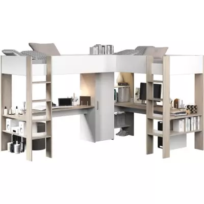 Lit double mezzanine enfant ALEXANDRA 2 bureaux - Blanc/Chene