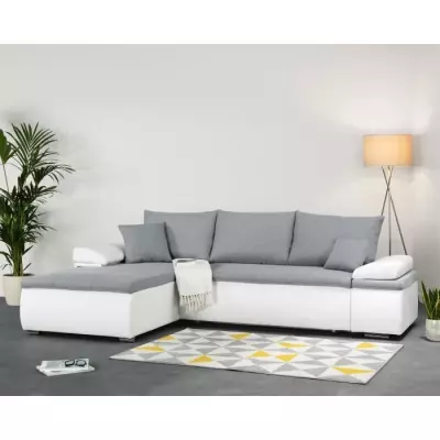 Canapé d'angle réversible convertible 3 places - Simili blanc et tissu gris - CELINA Canapé d'angle réversible convertible 3 places - Simili blanc et tissu gris - CELINA