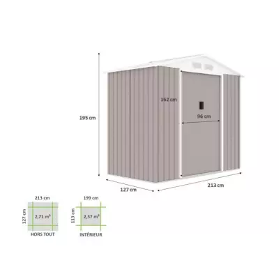 Abri de jardin métal 2,71m² taupe - 213x127x195cm - 2 portes coulissantes