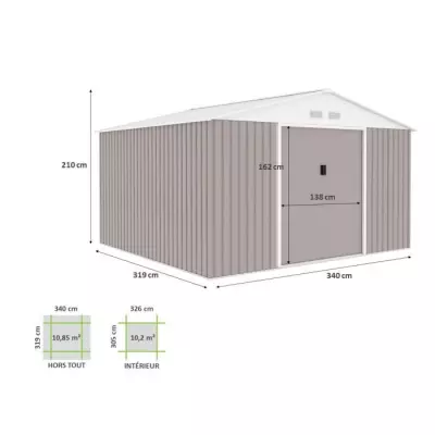 Abri de jardin métal 10,85m² - Taupe - Kit d'ancrage - 2 portes coulissantes