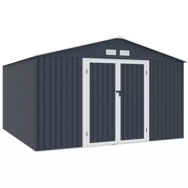 LUNEX Abri de jardin en métal 10,85 m2 - 340 x 319 x 210 - Kit d'ancrage inclus, 2 portes battantes - Gris