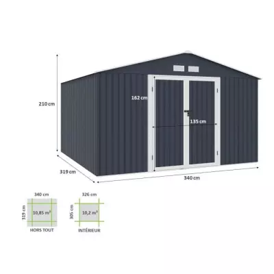 Abri de jardin en métal 10,85m2 - Gris - Kit d'ancrage inclus