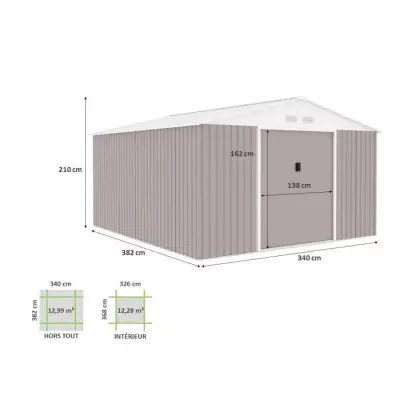 Abri de jardin métal 12,99m² - Kit d'ancrage inclus