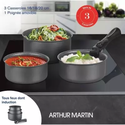 Ensemble de 3 casseroles Gris Mat + Poignée Amovible - Cuisine Aluminium anti-adhésives