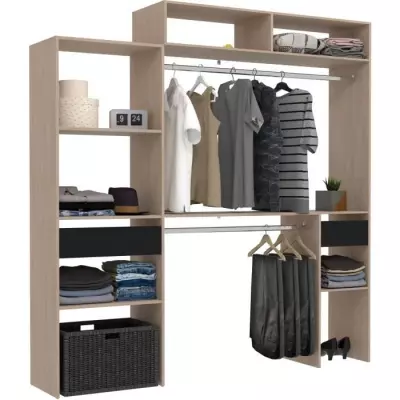 Kit dressing extensible ARTIC EKIPA Chêne et noir - 2 penderies + 2 tiroirs - L198 x P40 x H202 cm