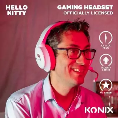 Casque gaming circum-aural - Filaire - Konix - PC, PS5, Switch 2 et Xbox - Hello Kitty - Microphone - Câble 1,5 m - Blanc et ro