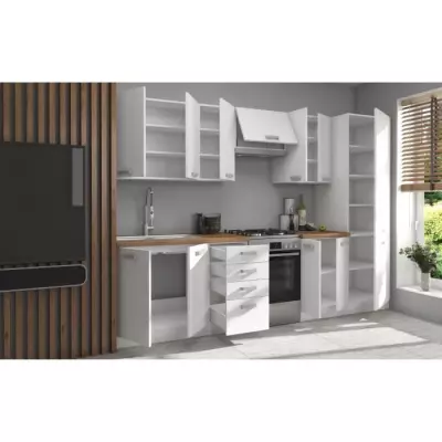 ATLAS Cuisine complète 8 éléments - Décor blanc - L300 x H52 x H82 cm
