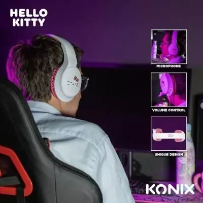 Casque gaming circum-aural - Filaire - Konix - PC, PS5, Switch 2 et Xbox - Hello Kitty - Microphone - Câble 1,5 m - Blanc et ro