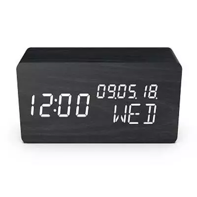 Réveil 4 en 1 EVOOM - Style Bois Noir - Horloge, Thermomètre, Calendrier