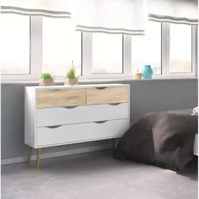 Commode 4 tiroirs Blanche/Chêne - Pieds bois massif - Responsable FSC