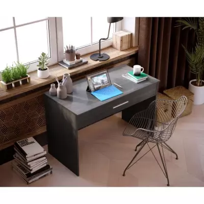 Bureau grand tiroir - Mélaminé gris cendré - Spacieux et pratique!