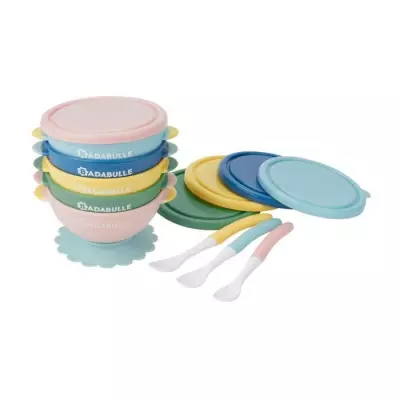 Ensemble repas bébé complet : 5 bols antidérapants + couvercles hermétiques + 3 cuillères souples