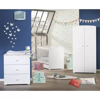 Ensemble Trio Basic Boule: Lit, Commode à langer, Armoire - Blanc
