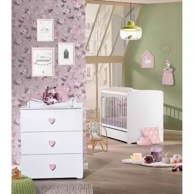 Chambre bébé duo Basic coeur: lit 120x60, commode à langer - Blanc
