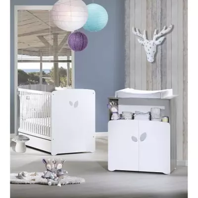 Ensemble chambre bébé duo Leaf: lit 120x60, commode à langer - Blanc